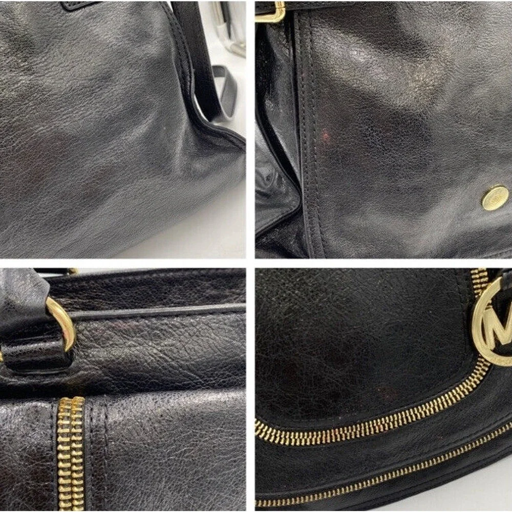 MICHAEL KORS Naomi Large Satchel Black Luxury Leather Zippers Handbag Purse‎ Bag
